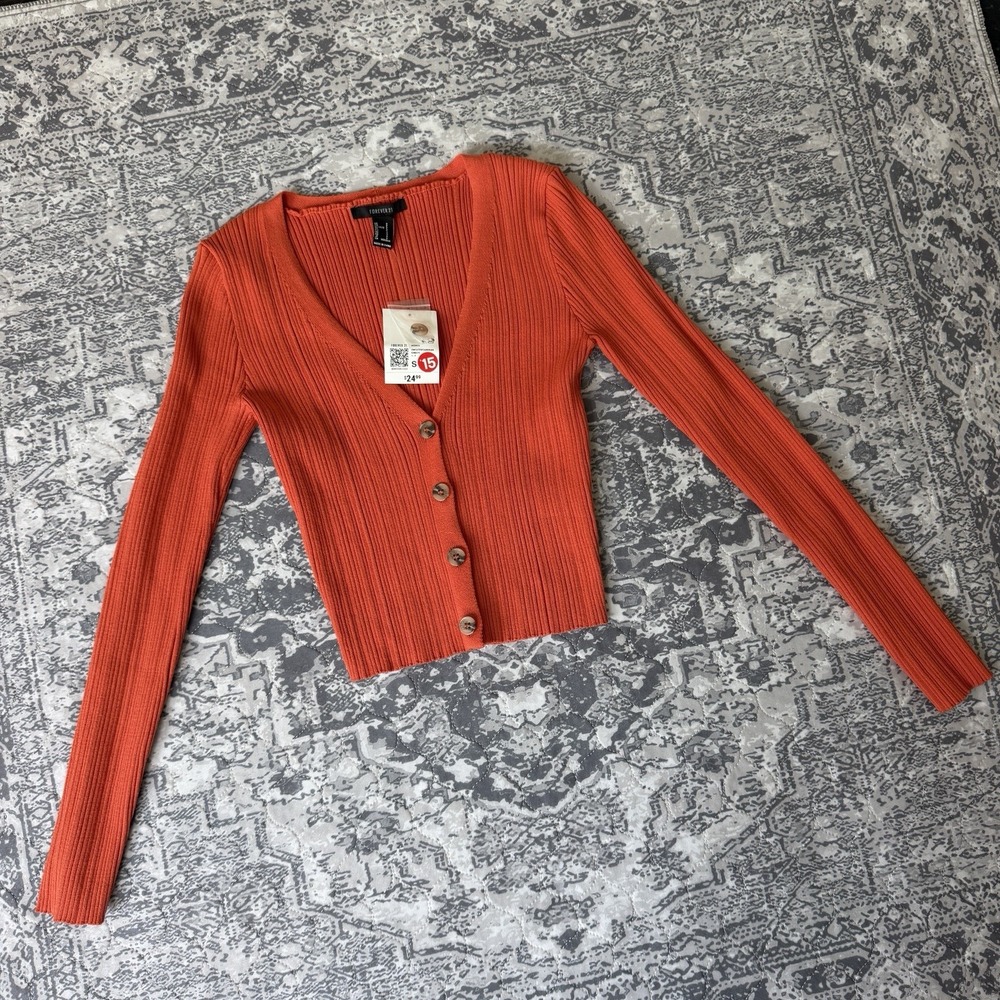 Forever 21 Women's Small Bright Orange Ribbed Cropped Sweater Cardigan